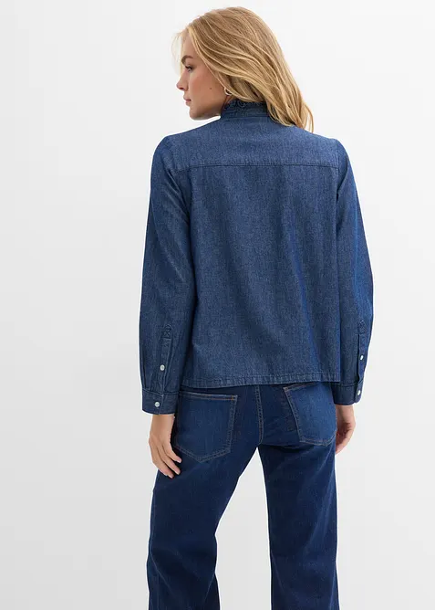 Jeansblus med volanger i bomull, bonprix