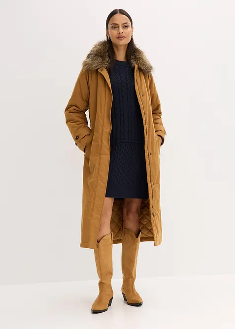 Vadderad trenchcoat med avtagbar fuskpälskrage, bonprix