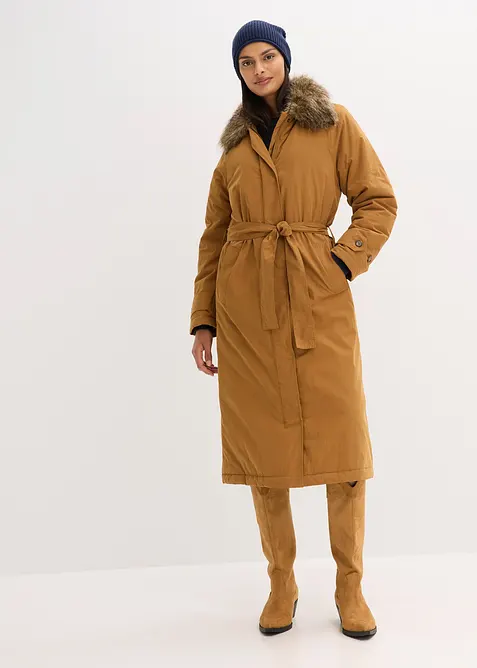 Vadderad trenchcoat med avtagbar fuskpälskrage, bonprix