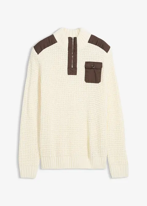 Tröja med krage med dragkedja och vävd infällning, bonprix