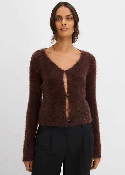 Finstickad cardigan i lurvigt material, bonprix