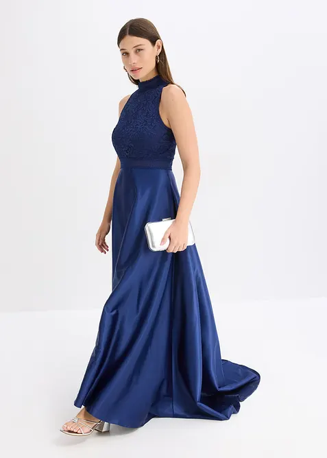 Maxiklänning i glänsande satin med spets, bonprix