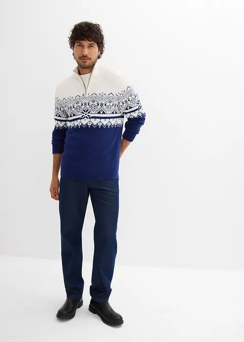 Mönsterstickad tröja med hög krage och kort dragkedja, av ren bomull, bonprix