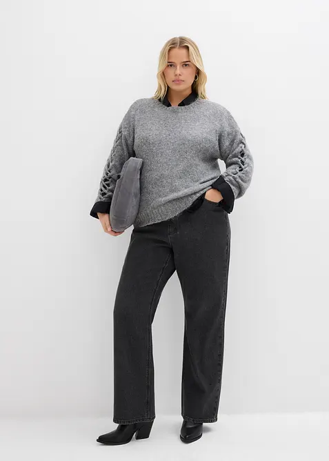 Loose Straight Jeans High Waist, med bekväm midja och strass, bonprix