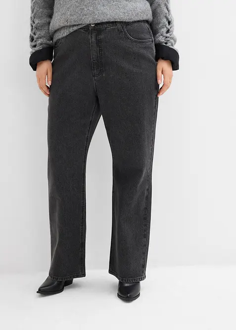 Loose Straight Jeans High Waist, med bekväm midja och strass, bonprix