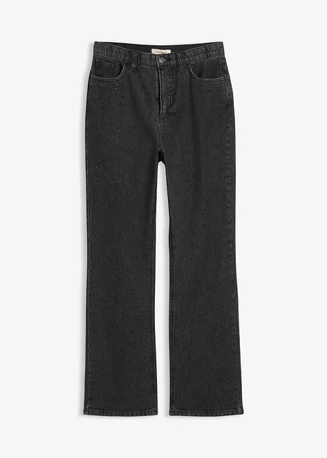 Loose Straight Jeans High Waist, med bekväm midja och strass, bonprix