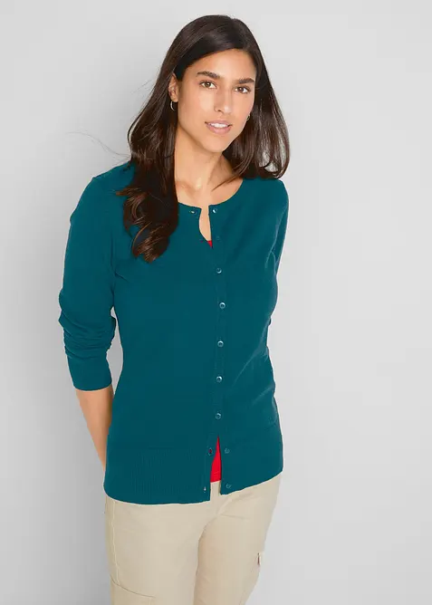 Finstickad cardigan  i basmodell med &aring;tervunnen bomull, bonprix