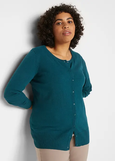 Finstickad cardigan  i basmodell med &aring;tervunnen bomull, bonprix