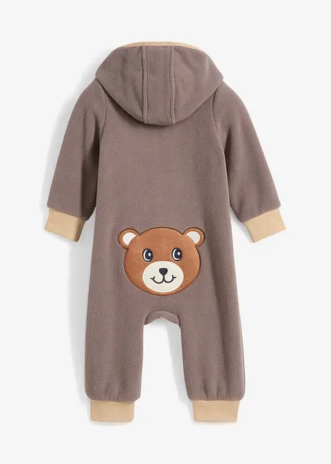 Sparkdräkt i fleece med huva och björnapplikation, bonprix