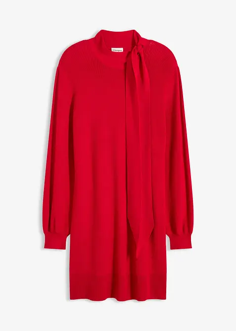 Stickad klänning med knytband i mjuk viskosmix, bonprix