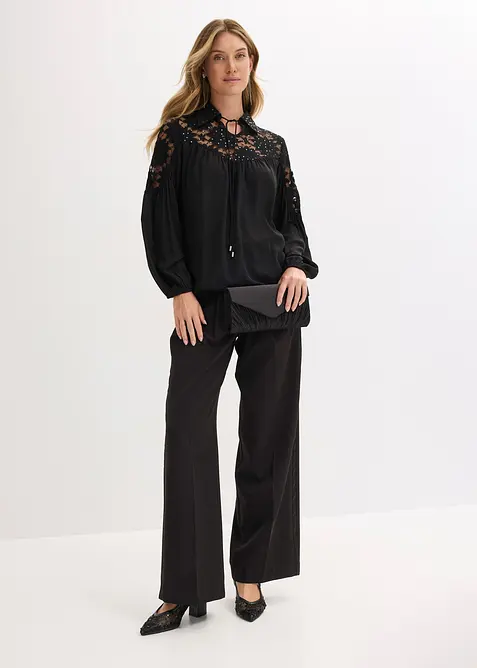 Blus med spets och  knytband, bonprix