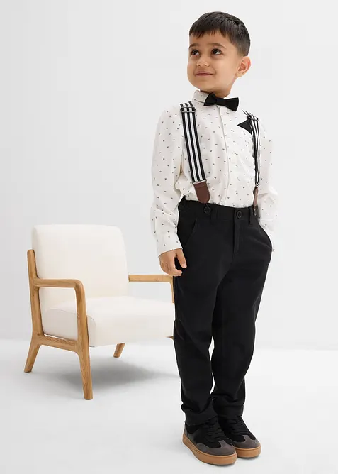 Långärmad skjorta, stretchbyxa, hängslen och fluga (4 delar), bonprix