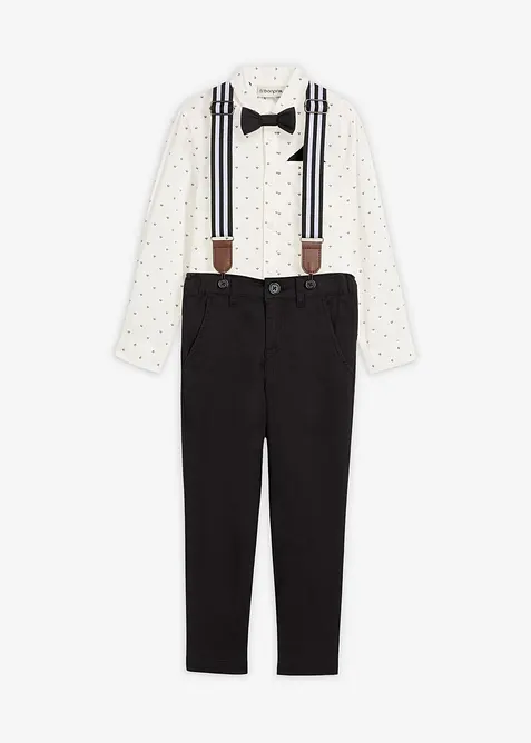 Långärmad skjorta, stretchbyxa, hängslen och fluga (4 delar), bonprix