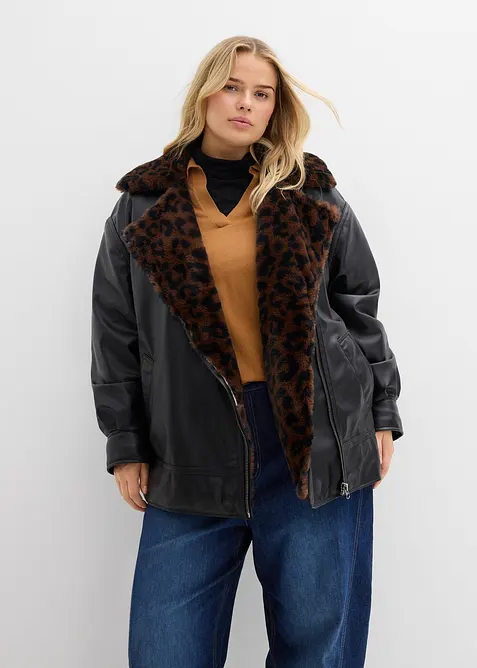 Jacka i skinnimitation med leopardmönstrad fuskpäls, bonprix