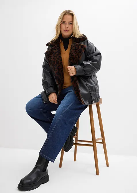 Jacka i skinnimitation med leopardmönstrad fuskpäls, bonprix