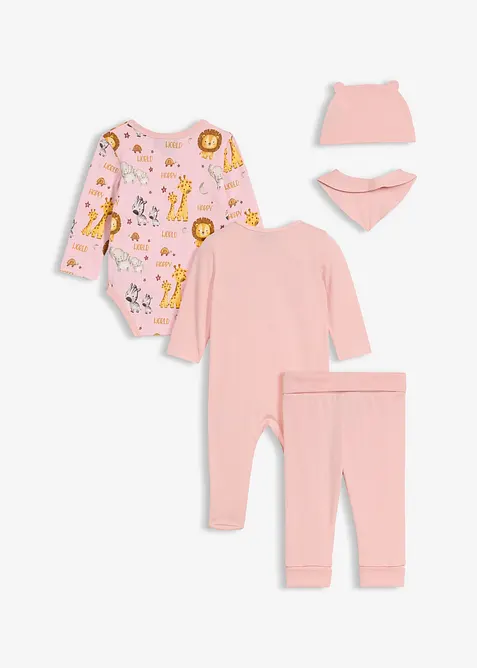 Body, byxa, pyjamas, mössa och haklapp för bebisar (5 delar), ekologisk bomull, bonprix