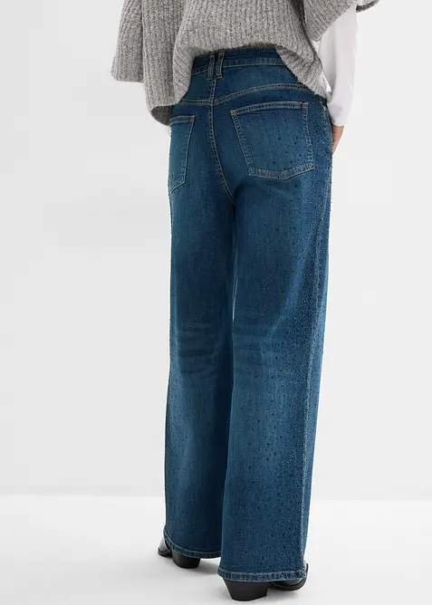Wide Leg Jeans Mid Waist, med glitterstenar, bonprix