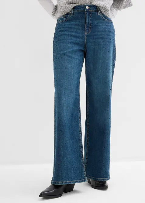 Wide Leg Jeans Mid Waist, med glitterstenar, bonprix
