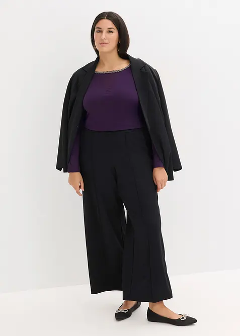 Långärmad topp med meshinfällning och glitterstenar, bonprix