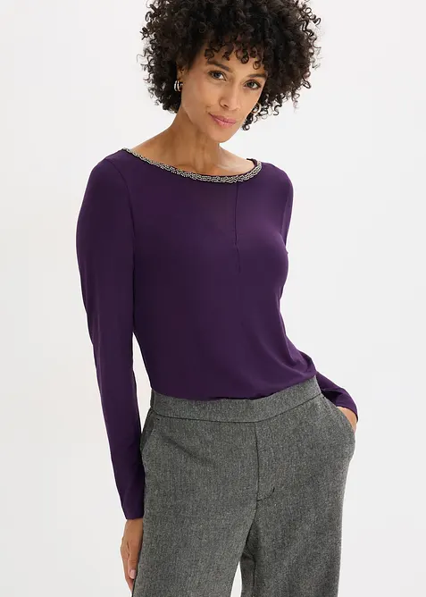 Långärmad topp med meshinfällning och glitterstenar, bonprix