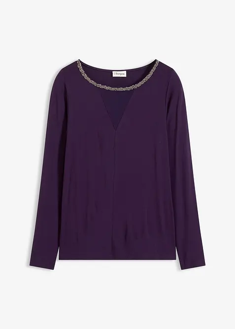 Långärmad topp med meshinfällning och glitterstenar, bonprix