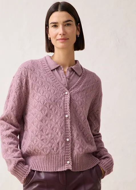 Hålmönstrad cardigan i bomull och ull, bonprix