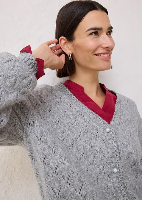 Hålmönstrad cardigan i bomull och ull, bonprix