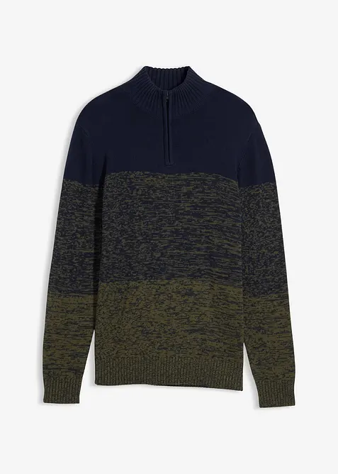 Grovstickad tröja av mjuk bomullsmix med krage och dragkedja, bonprix