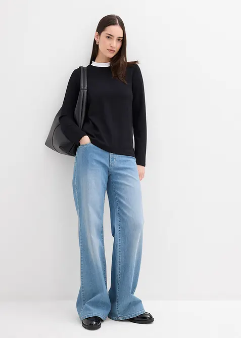 L&aring;ng&auml;rmad topp i viskosmix med kontrasterande krage, bonprix