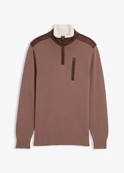 Grovstickad tröja med krage och vävd infällning, bonprix