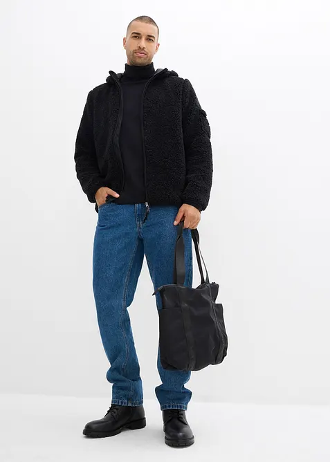 Teddyfleecejacka med infällning av vävt material och huva, bonprix