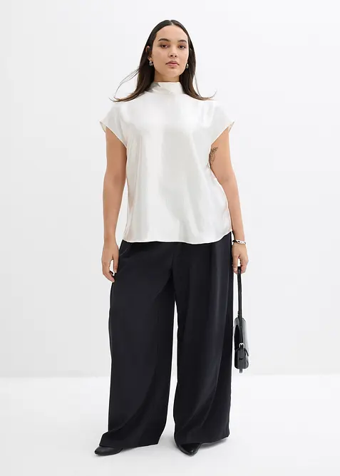 Blustopp i satin med hög krage, bonprix