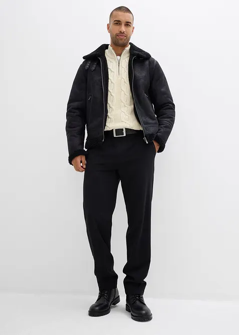 Flätstickad tröja av mjuk bomullsmix, med krage och dragkedja, bonprix