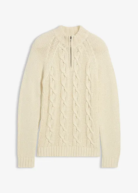 Flätstickad tröja av mjuk bomullsmix, med krage och dragkedja, bonprix