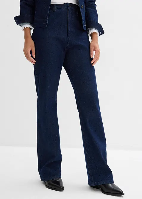 Loose Straight Jeans High Waist, med bekväm midja och strass, bonprix