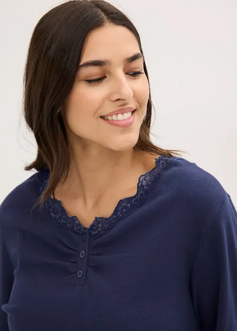 Pyjamas  med ribbstickad överdel med knappslå, bonprix