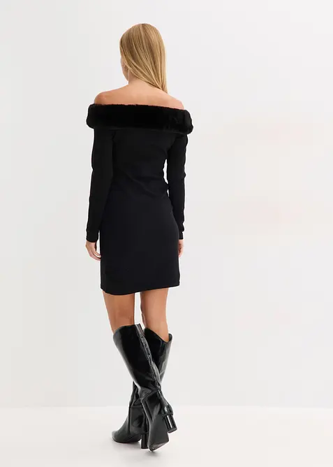 Stickad klänning med fuskpäls, bonprix