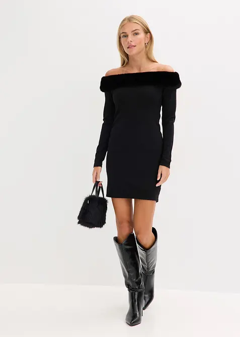 Stickad klänning med fuskpäls, bonprix