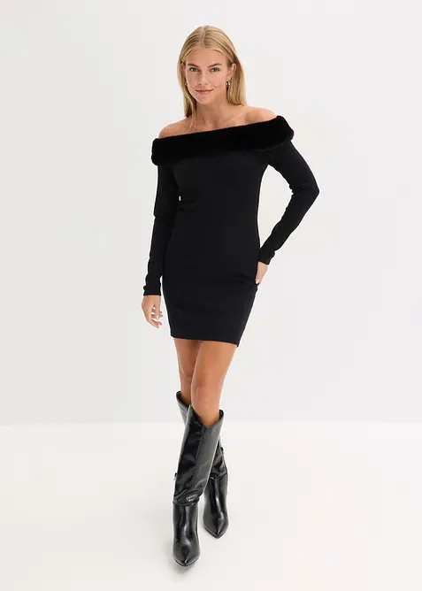 Stickad klänning med fuskpäls, bonprix