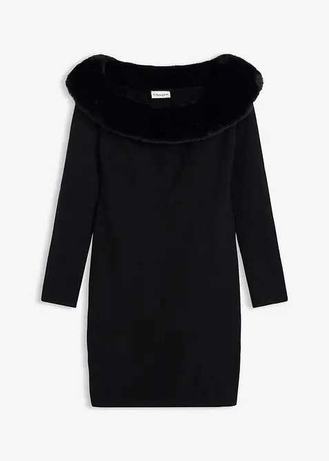 Stickad klänning med fuskpäls, bonprix