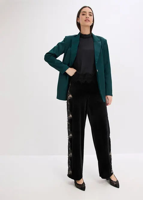 Marlenebyxa i mjuk sammet med spetsinf&auml;llning, bonprix