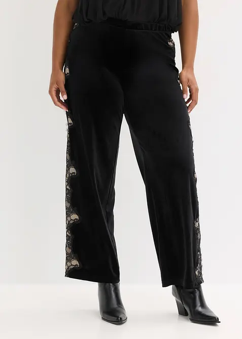 Marlenebyxa i mjuk sammet med spetsinf&auml;llning, bonprix