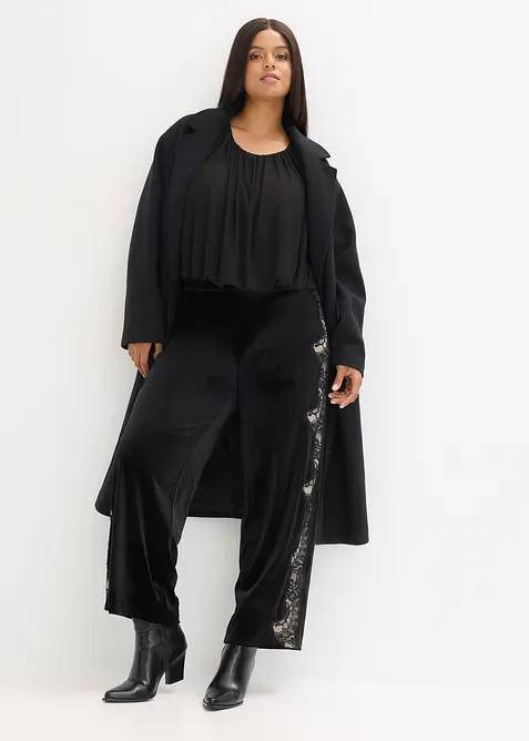 Marlenebyxa i mjuk sammet med spetsinf&auml;llning, bonprix