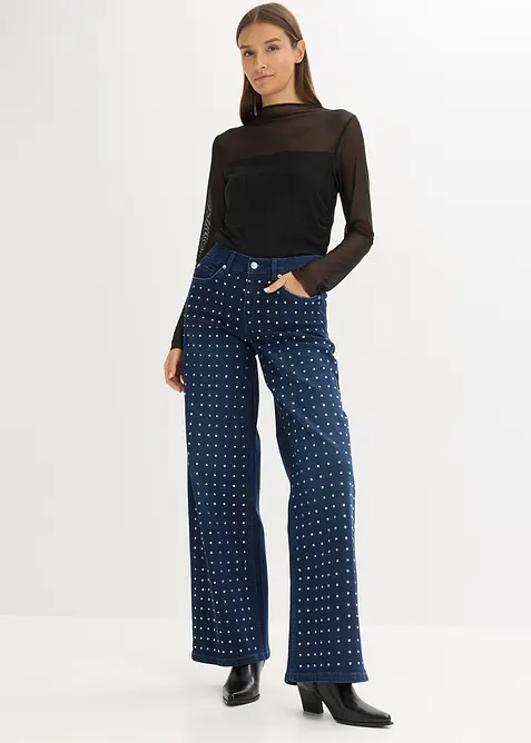 Wide Leg-jeans Mid Waist med strassapplikation, bonprix