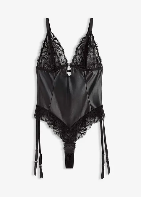 Body med wetlook och avtagbara strumpeband, bonprix