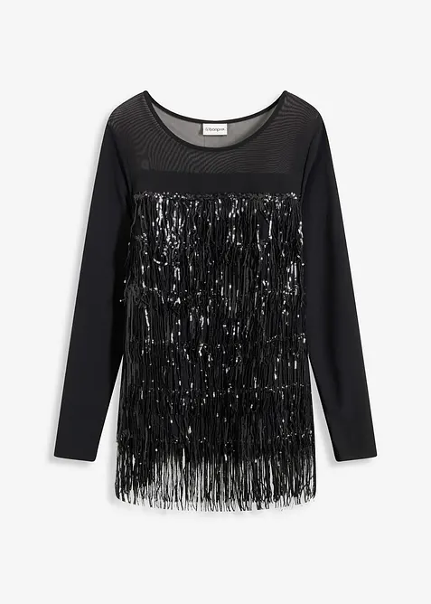 Långärmad topp med paljettfransar, bonprix