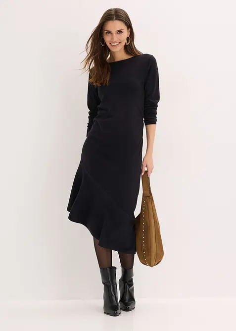 Stickad kl&auml;nning med asymmetrisk nederkant i bomull och kashmir, bonprix