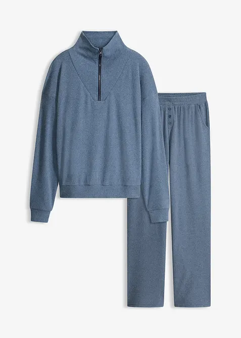 Tr&ouml;ja med krage och dragkedja och byxa, av v&aring;fflad jersey, bonprix