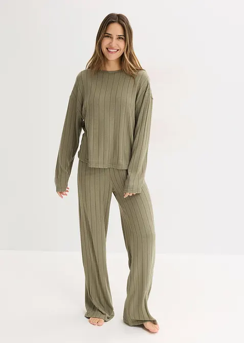 Topp och byxa i mjukt, ribbstickat material, bonprix