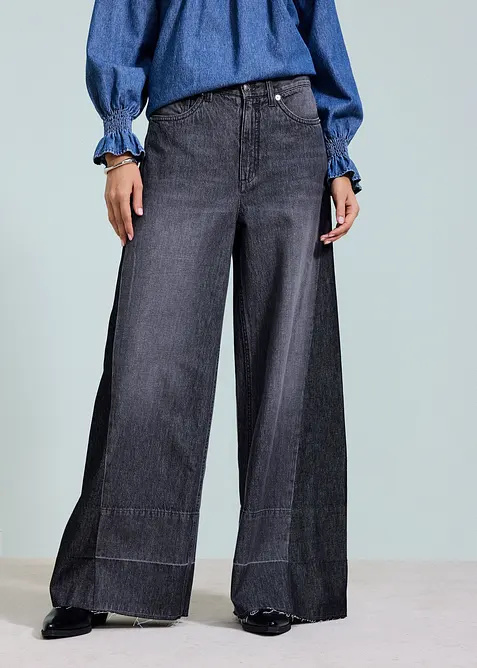 Wide Leg Jeans High Waist, med inf&auml;llning, bonprix